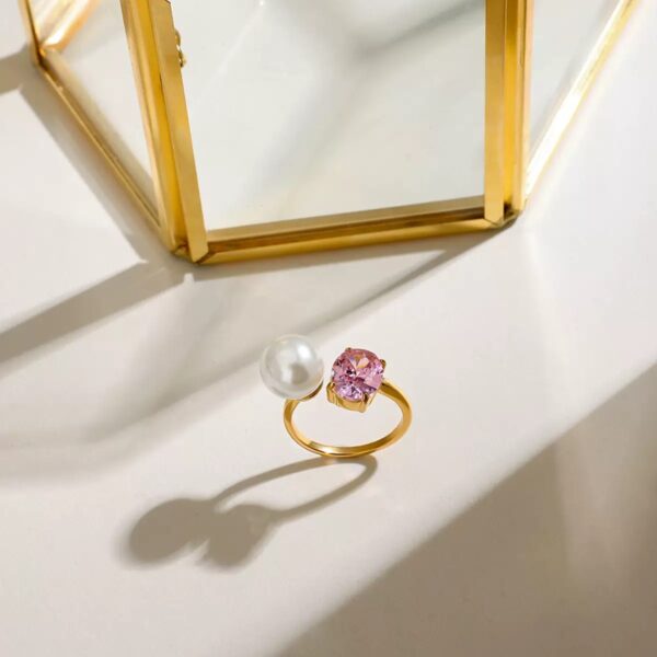 Klir 18K gold stainless steel zircon classic rings with pearl flowers - Image 2