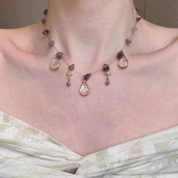 Klir handmade water Drop Fritillaria amethyst Necklace Hexagonal Star