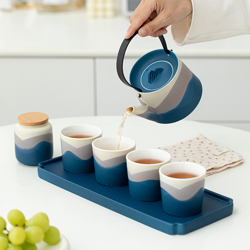 Mountain and Sea Scenery with Tray, Home Hospitality, Tea, Coffee, Pot, Cup Set